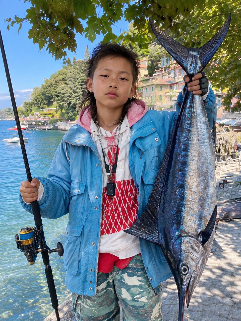 A deadpan kid in a faded blue jacket holding a fishing rod and a huge marlin on a lakeside promenade, not smiling